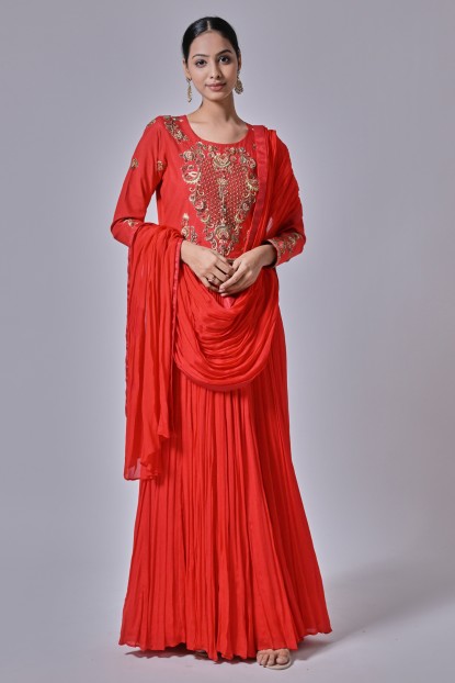 Red Chiffon Hand Embroidered Anarkali Suit 